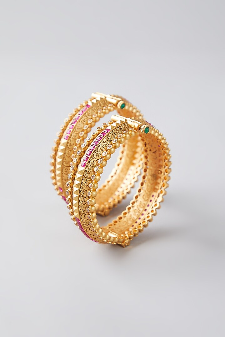 Gold Finish Ruby Openable Bangles (Set of 2) by VASTRAA Jewellery at Pernia's Pop Up Shop