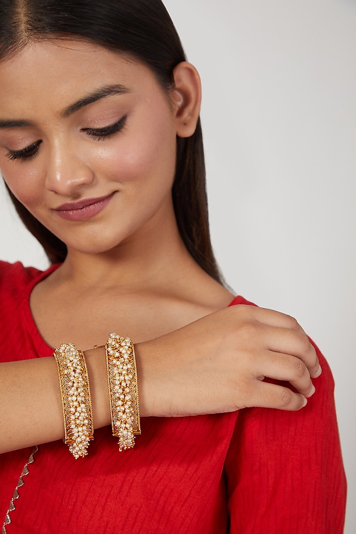 Gold Finish Pearl Openable Bangles (Set of 2) by VASTRAA Jewellery