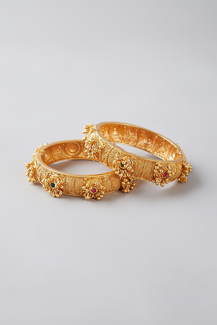 Gold Finish Red & Green Stone Bangles (Set of 2) by VASTRAA Jewellery at Pernia's Pop Up Shop