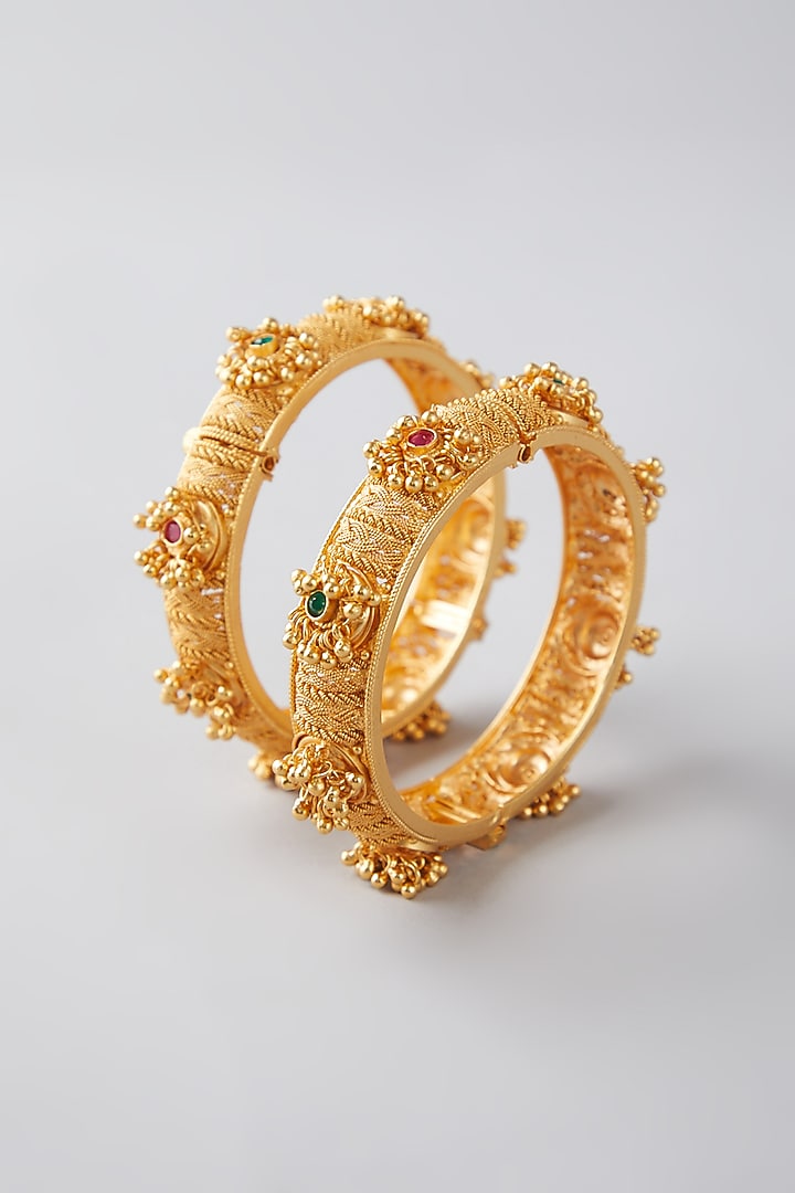 Gold Finish Red & Green Stone Bangles (Set of 2) by VASTRAA Jewellery at Pernia's Pop Up Shop