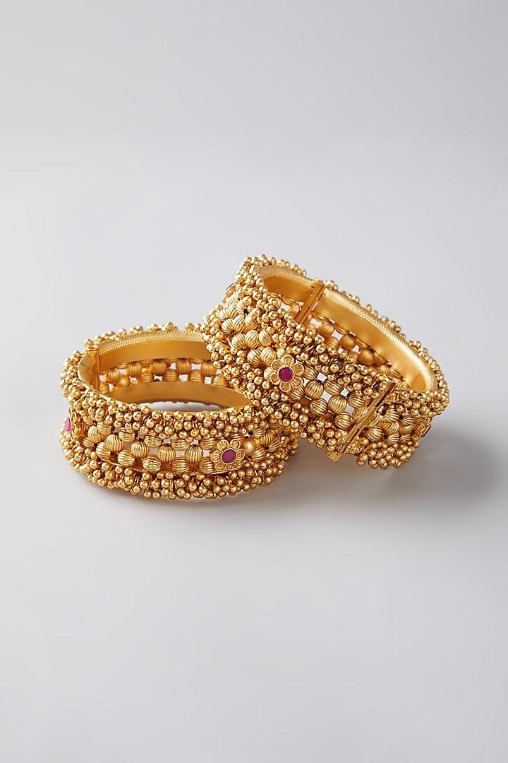 Gold Finish Red Stone Bangles by VASTRAA Jewellery