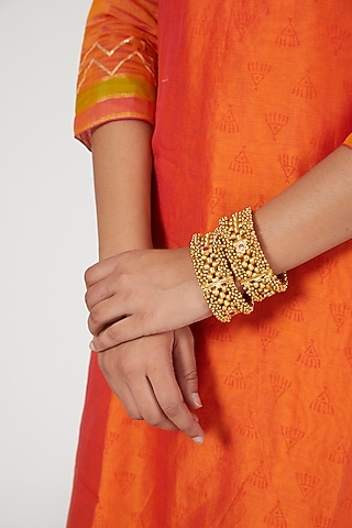 Gold Finish Synthetic Ruby Stone & Ghungroo Bangles (Set of 2) by VASTRAA Jewellery