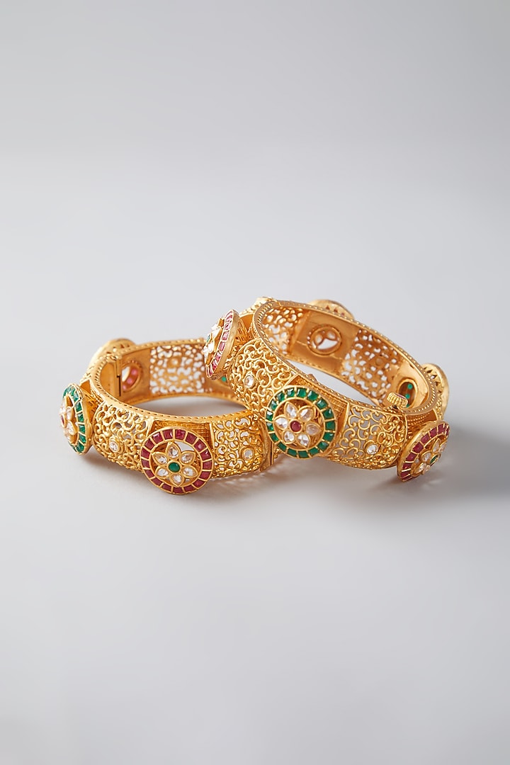 Gold Finish Red & Green Synthetic Stone Bangles (Set of 2) by VASTRAA Jewellery at Pernia's Pop Up Shop