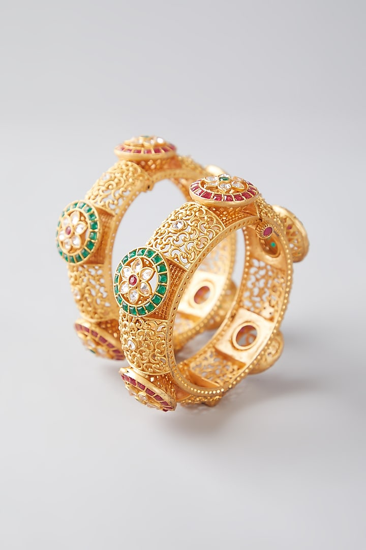 Gold Finish Red & Green Synthetic Stone Bangles (Set of 2) by VASTRAA Jewellery at Pernia's Pop Up Shop
