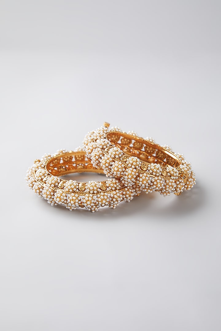 Gold Finish Bangles With Pearls by VASTRAA Jewellery