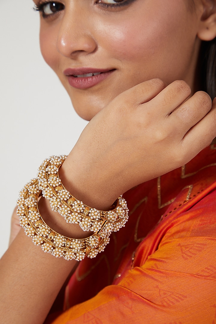 Gold Finish Pearl Bangles (Set Of 2) by VASTRAA Jewellery