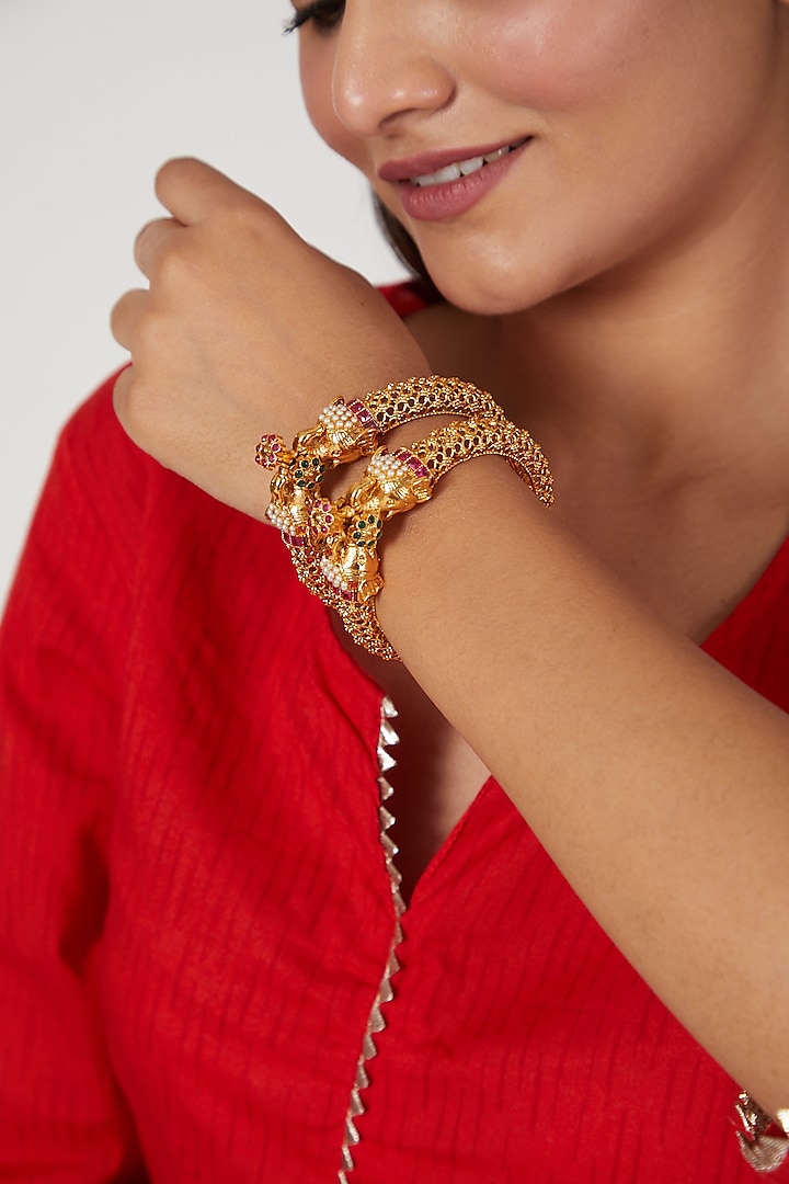 Gold Finish Synthetic Stone & Pearl Bangles (Set Of 2) by VASTRAA Jewellery