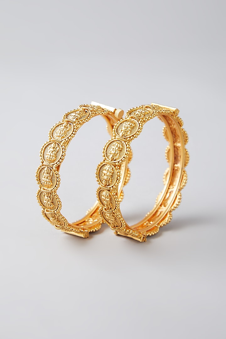 Gold Finish Temple Motif Bangles (Set of 2) by VASTRAA Jewellery at Pernia's Pop Up Shop