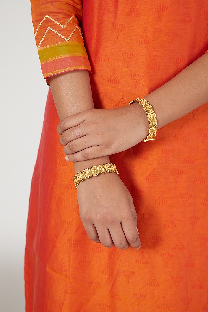 Gold Finish Temple Motif Bangles (Set of 2) by VASTRAA Jewellery