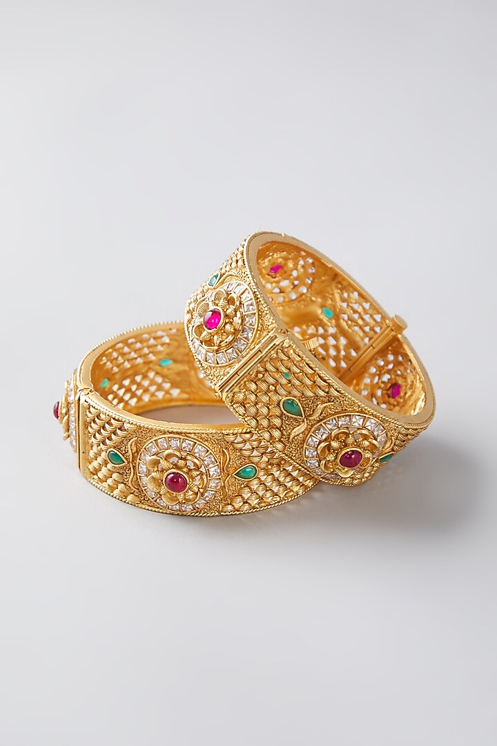 Gold Finish Multi Colored Synthetic Stone Bangles (Set of 2) by VASTRAA Jewellery at Pernia's Pop Up Shop