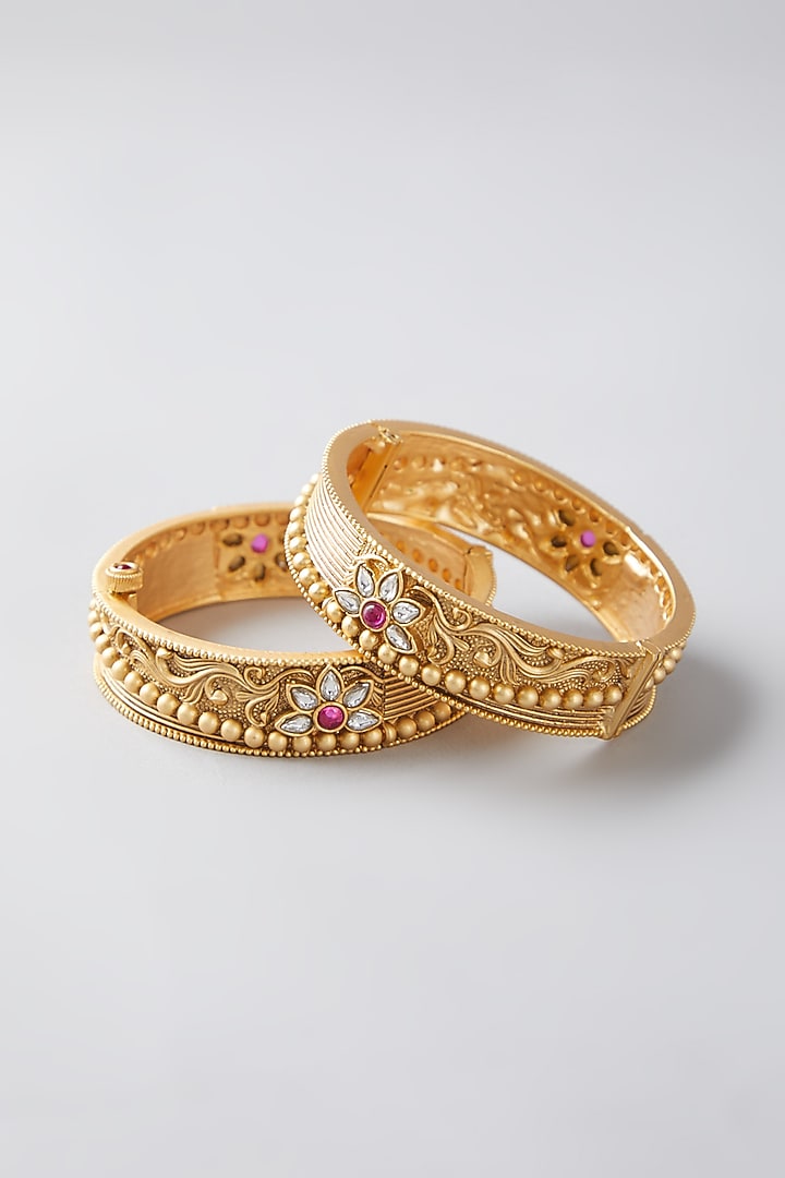 Gold Finish Multi Colored Stone Bangles (Set of 2) by VASTRAA Jewellery at Pernia's Pop Up Shop