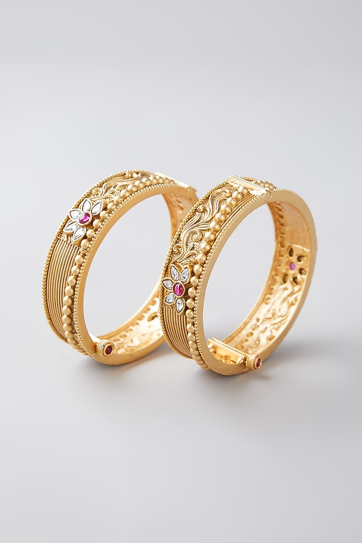 Gold Finish Multi Colored Stone Bangles (Set of 2) by VASTRAA Jewellery at Pernia's Pop Up Shop