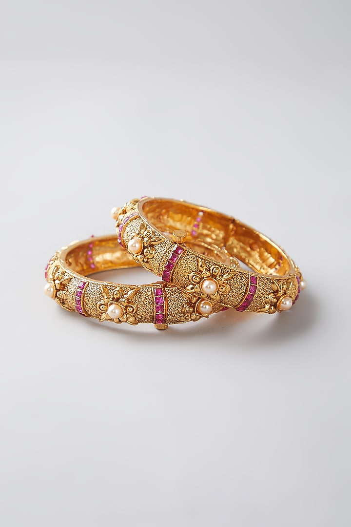 Gold Finish Ruby & Pearl Bangles by VASTRAA Jewellery at Pernia's Pop Up Shop