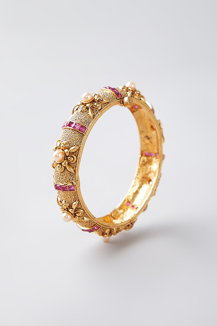 Gold Finish Ruby & Pearl Bangles by VASTRAA Jewellery at Pernia's Pop Up Shop