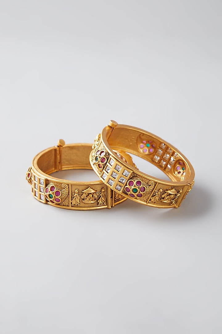 Gold Finish Temple Motif Openable Bangles (Set of 2) by VASTRAA Jewellery at Pernia's Pop Up Shop