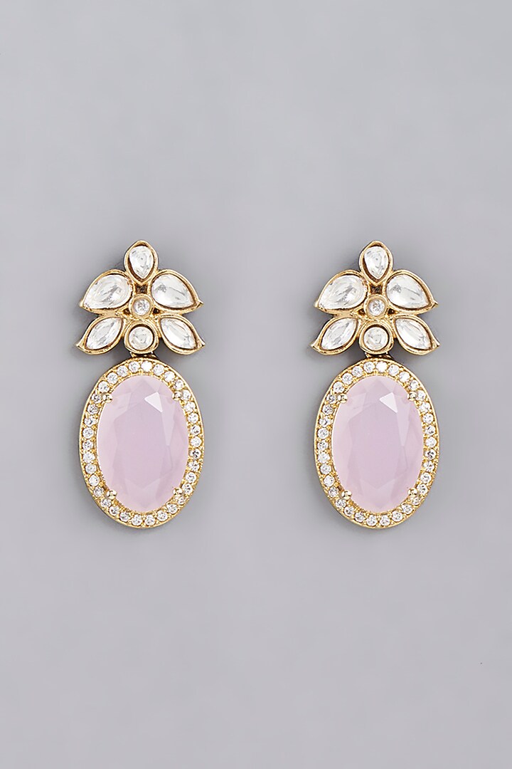 Gold Finish Kundan Polki & Pink Synthetic Stone Stud Earrings by VASTRAA Jewellery at Pernia's Pop Up Shop
