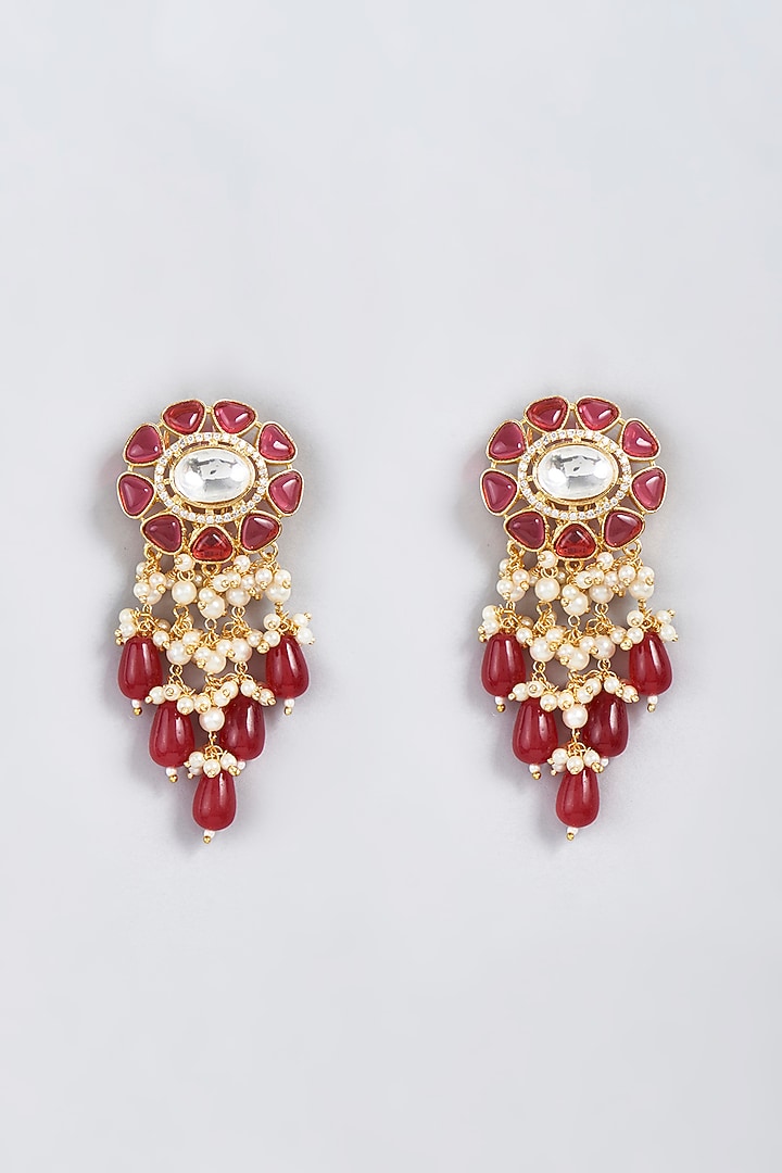 Gold Finish Kundan Polki & Beaded Dangler Earrings by VASTRAA Jewellery at Pernia's Pop Up Shop