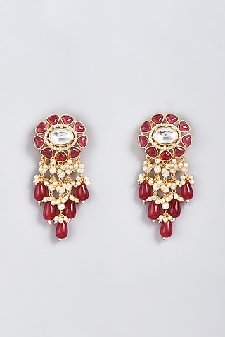 Gold Finish Kundan Polki & Beaded Dangler Earrings by VASTRAA Jewellery