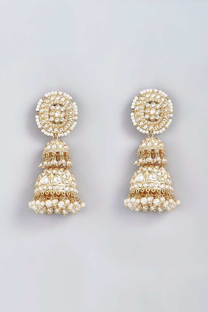 Gold Finish Kundan Polki & Pearl Jhumka Earrings by VASTRAA Jewellery at Pernia's Pop Up Shop