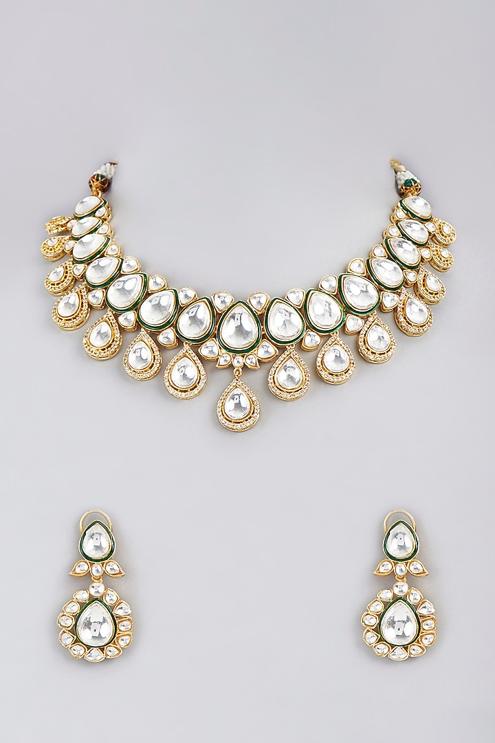 Gold Finish Kundan Polki Necklace Set by VASTRAA Jewellery at Pernia's Pop Up Shop