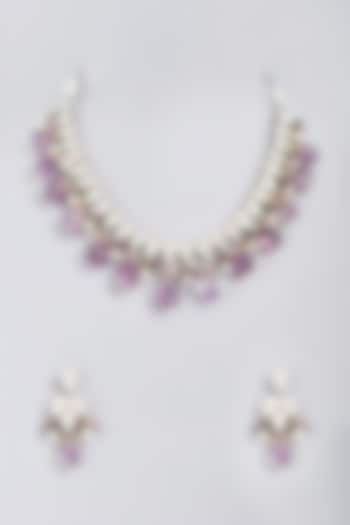 White Finish Kundan Polki & Purple Beaded Necklace Set  by VASTRAA Jewellery at Pernia's Pop Up Shop