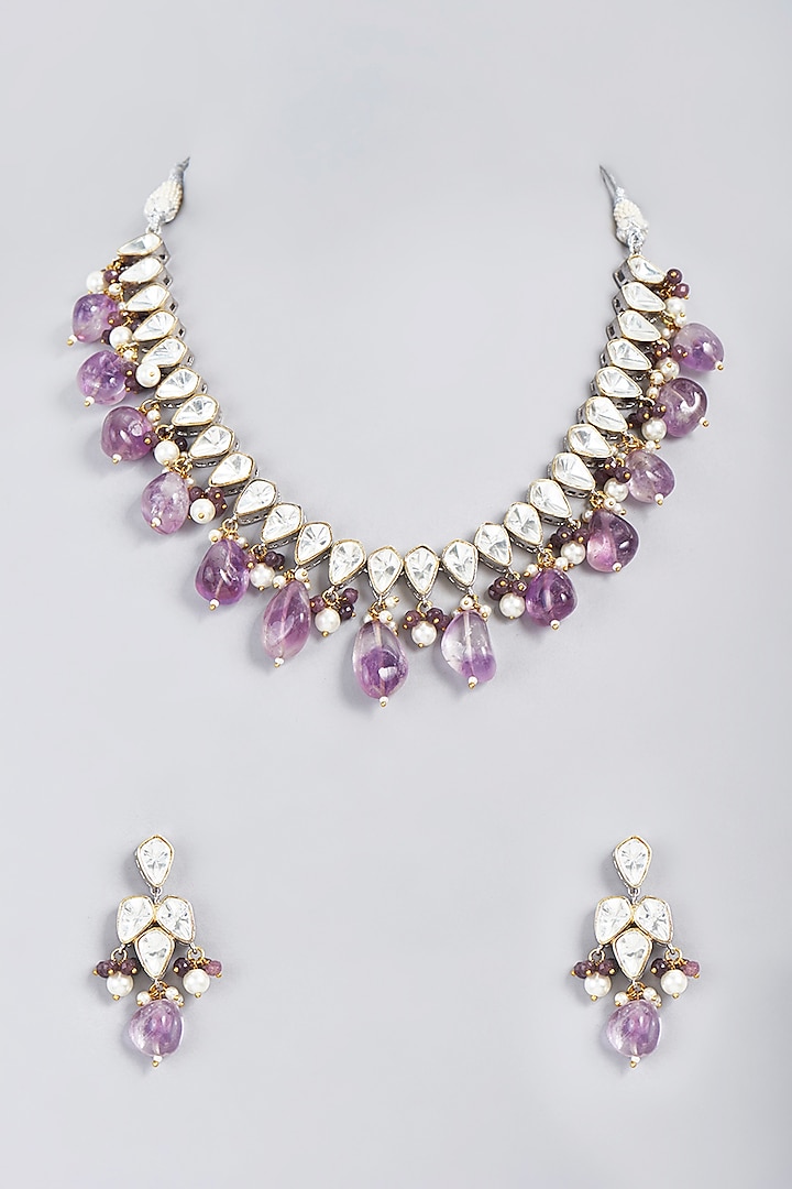 White Finish Kundan Polki & Purple Beaded Necklace Set  by VASTRAA Jewellery at Pernia's Pop Up Shop
