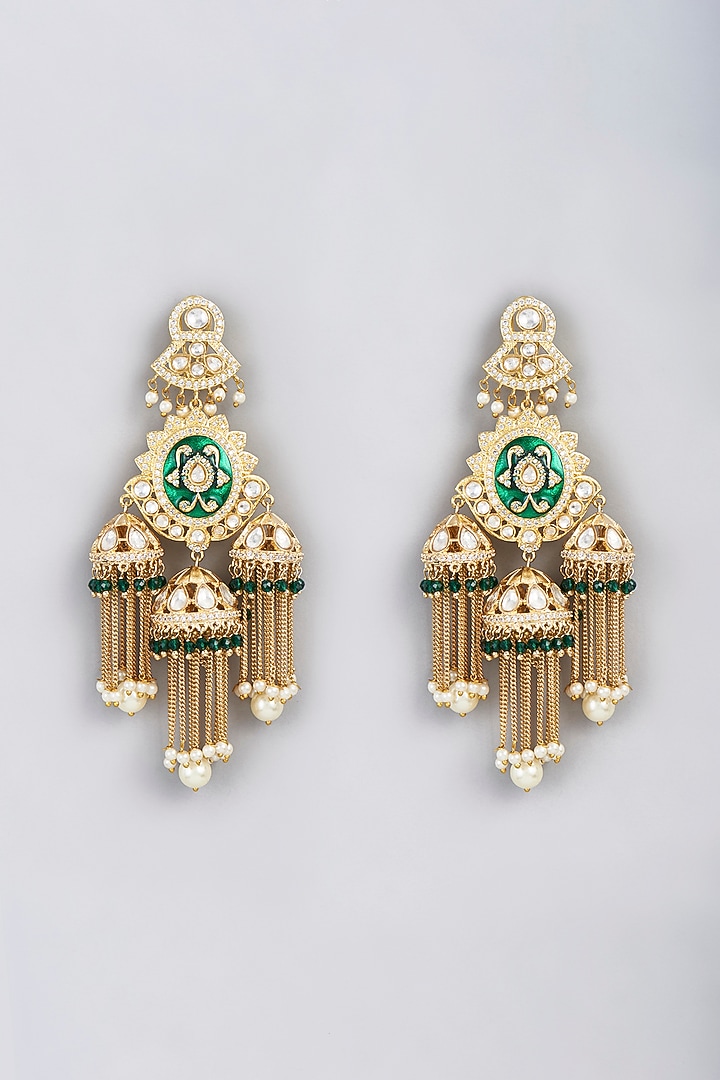 Gold Finish Kundan Polki & Pearl Enameled Dangler Earrings by VASTRAA Jewellery at Pernia's Pop Up Shop