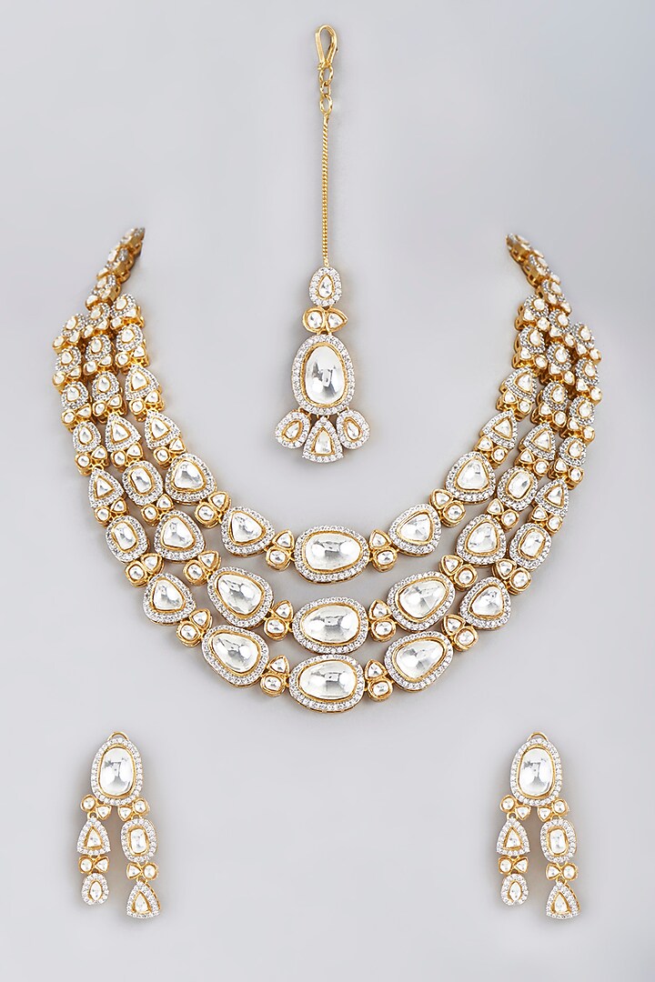 Gold Finish Kundan Polki Layered Necklace Set by VASTRAA Jewellery at Pernia's Pop Up Shop