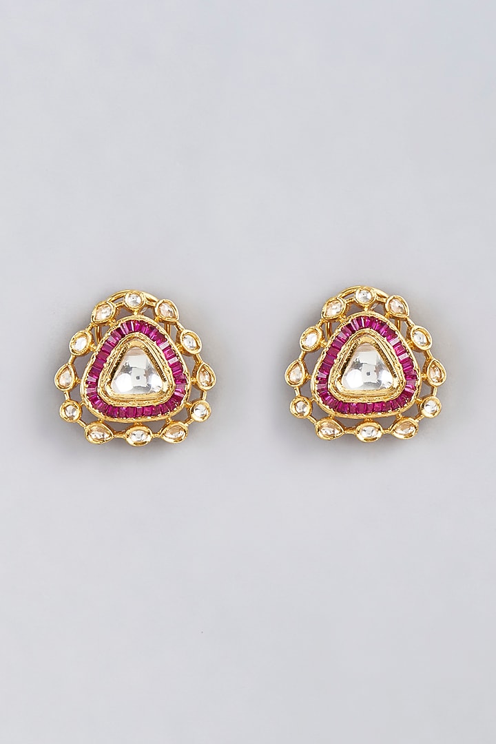 Gold Finish Kundan Polki & Zircon Stud Earrings by VASTRAA Jewellery at Pernia's Pop Up Shop