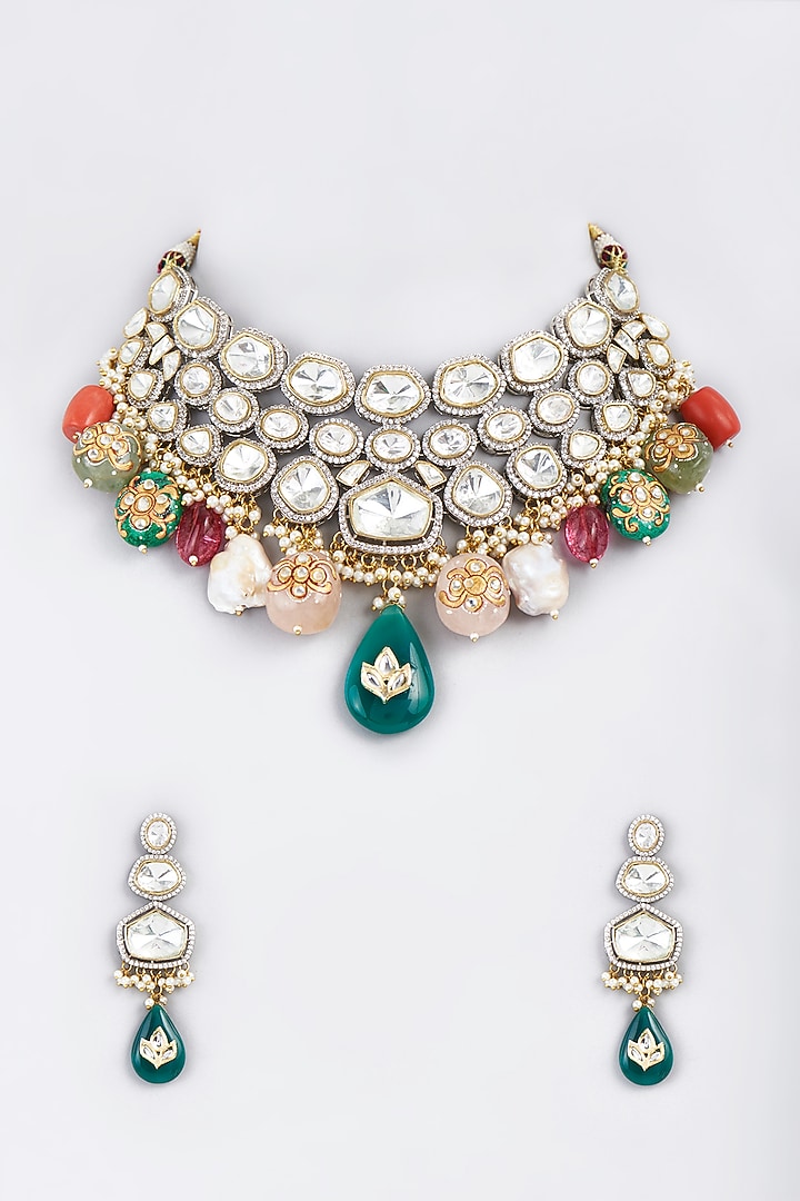 Gold Finish Kundan Polki & Multi-Colored Tumbled Beaded Necklace Set by VASTRAA Jewellery at Pernia's Pop Up Shop