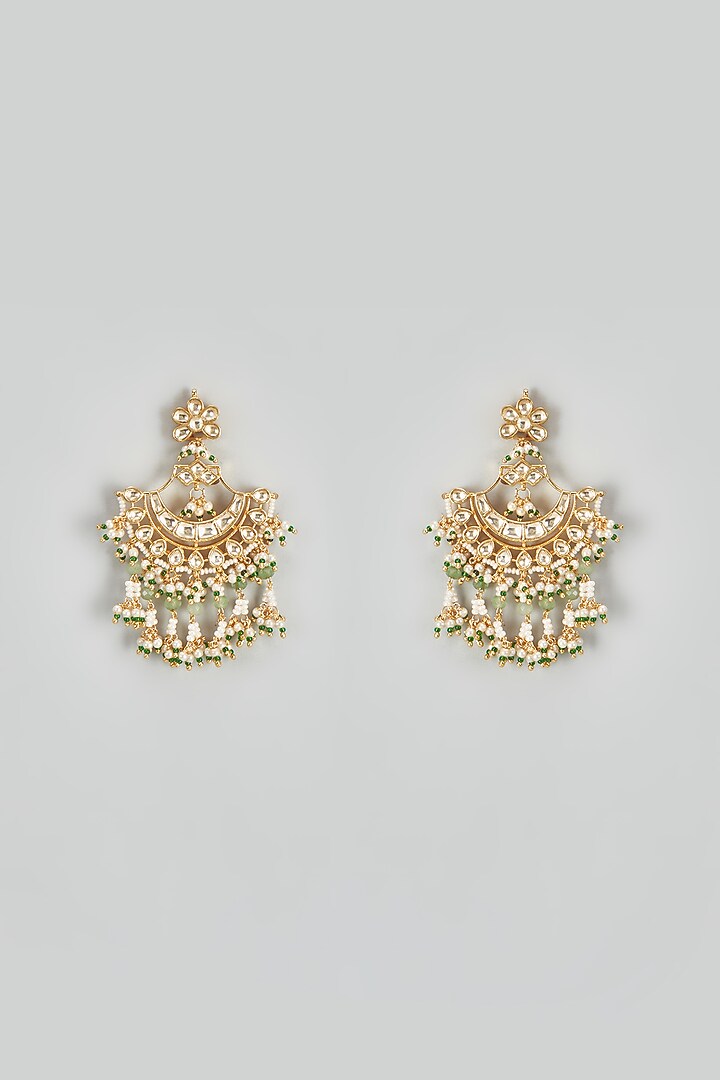 Gold Finish Kundan Polki & Pearl Chandbali Earrings by VASTRAA Jewellery at Pernia's Pop Up Shop