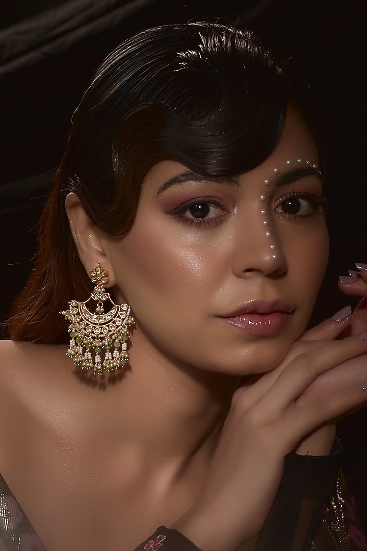 Gold Finish Kundan Polki & Pearl Chandbali Earrings by VASTRAA Jewellery at Pernia's Pop Up Shop