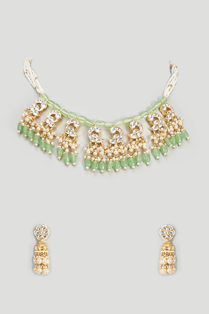 Gold Finish Kundan Polki & Pearl Necklace Set by VASTRAA Jewellery at Pernia's Pop Up Shop