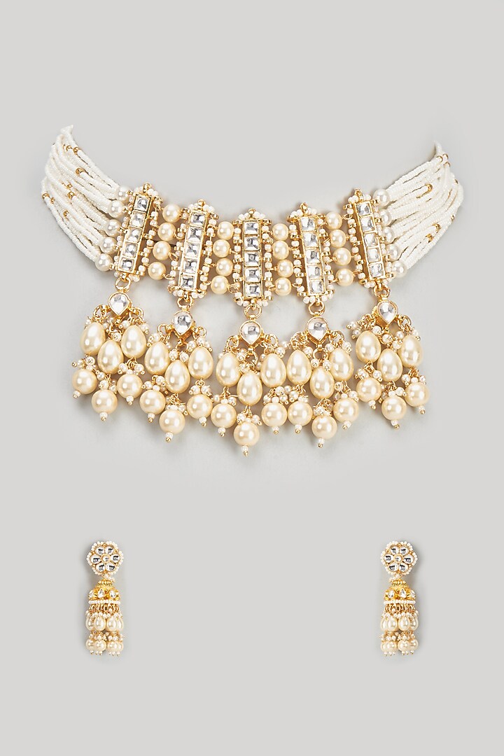 Gold Finish Kundan Polki & Pearl Choker Necklace Set by VASTRAA Jewellery at Pernia's Pop Up Shop