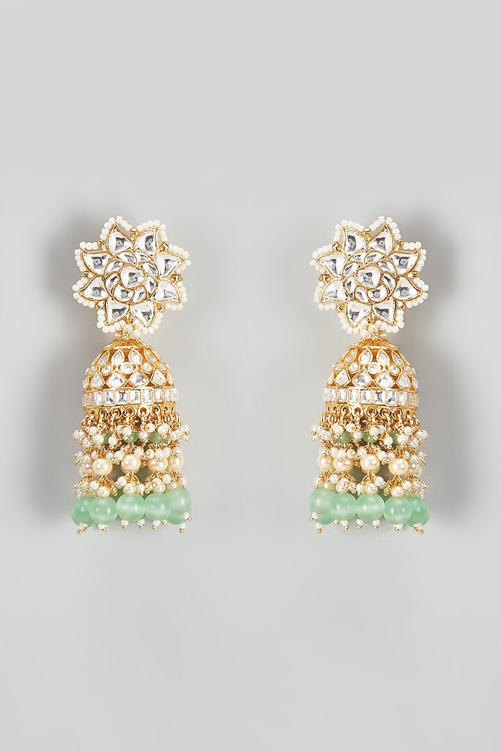 Gold Finish Kundan Polki & Green Beaded Jhumka Earrings by VASTRAA Jewellery at Pernia's Pop Up Shop