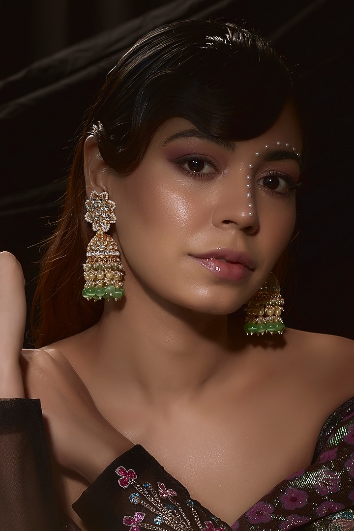 Gold Finish Kundan Polki & Green Beaded Jhumka Earrings by VASTRAA Jewellery at Pernia's Pop Up Shop