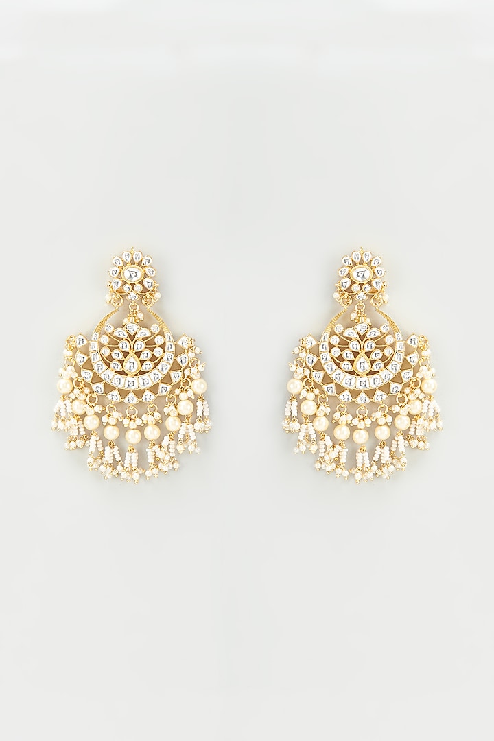 Gold Finish Kundan Polki & Pearls Chandbali Earrings by VASTRAA Jewellery at Pernia's Pop Up Shop