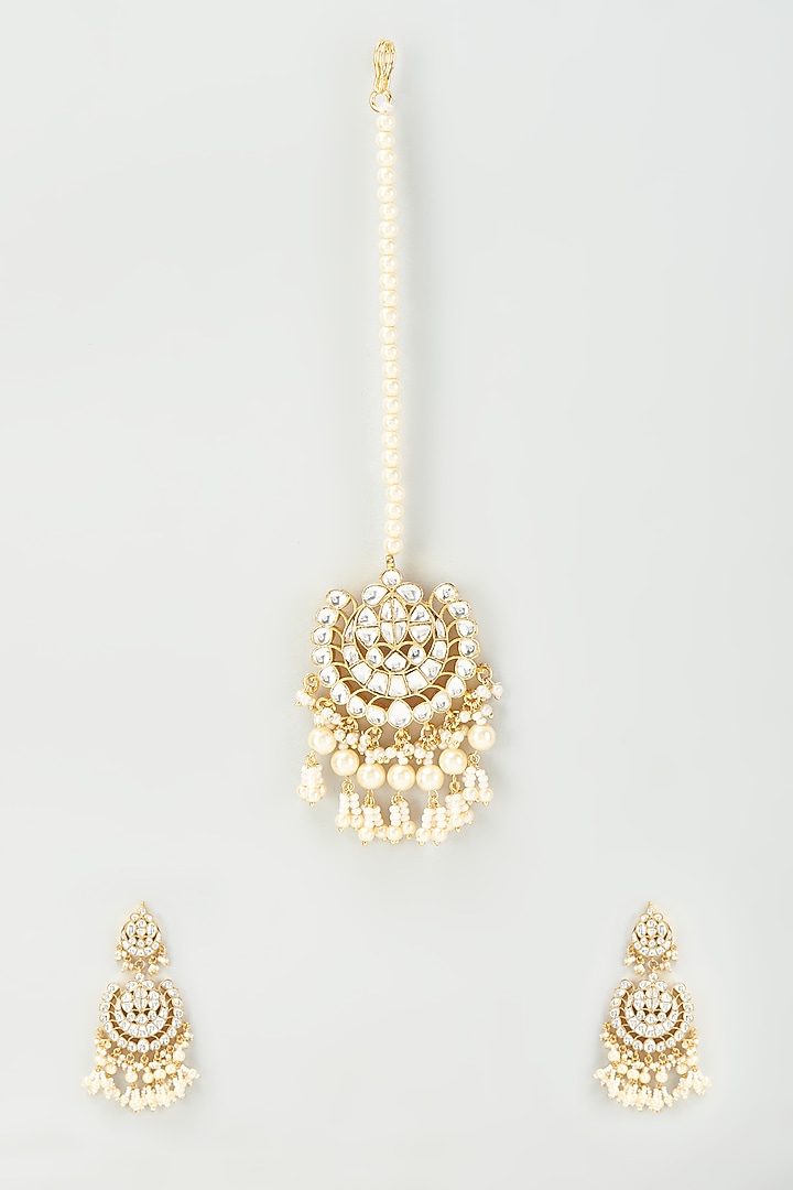 Gold Finish Kundan Polki & Pearls Chandbali Earrings With Maangtikka by VASTRAA Jewellery at Pernia's Pop Up Shop