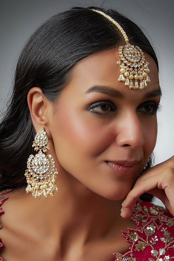 Gold Finish Kundan Polki & Pearls Chandbali Earrings With Maangtikka by VASTRAA Jewellery at Pernia's Pop Up Shop