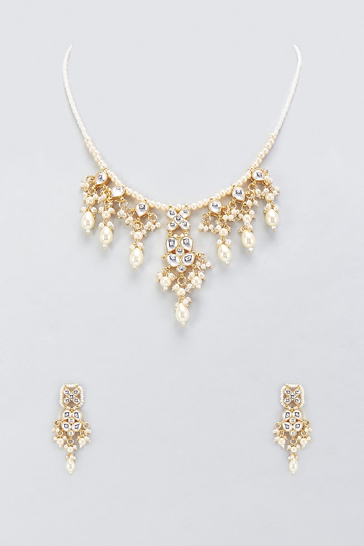 Gold Finish Kundan Polki Necklace Set by VASTRAA Jewellery at Pernia's Pop Up Shop