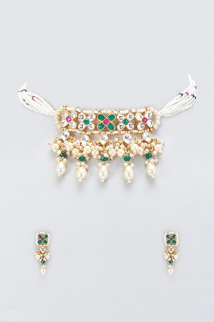 Gold Finish Kundan Polki Choker Necklace Set by VASTRAA Jewellery at Pernia's Pop Up Shop