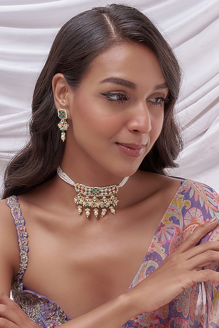 Gold Finish Kundan Polki Choker Necklace Set by VASTRAA Jewellery at Pernia's Pop Up Shop