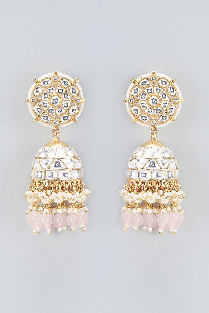 Gold Finish Kundan Polki & Pearl Jhumka Earrings by VASTRAA Jewellery at Pernia's Pop Up Shop