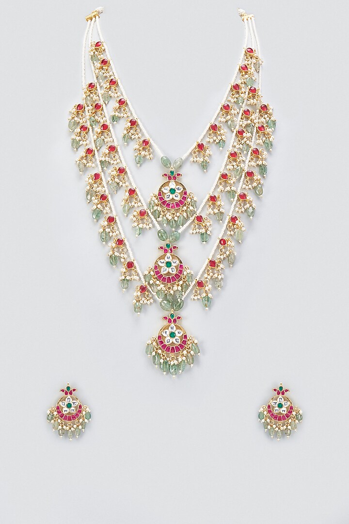 Gold Finish Kundan Polki Long Layered Necklace Set by VASTRAA Jewellery at Pernia's Pop Up Shop