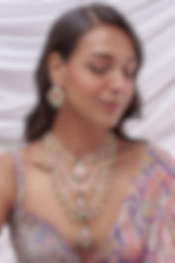 Gold Finish Kundan Polki Long Layered Necklace Set by VASTRAA Jewellery at Pernia's Pop Up Shop