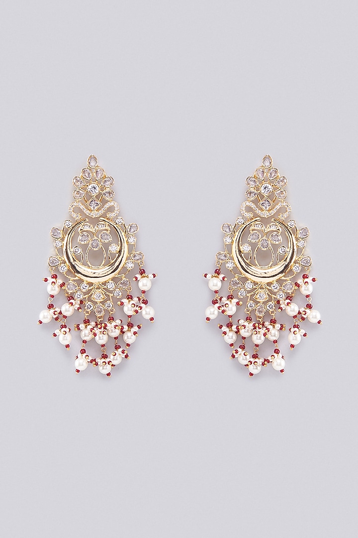 Gold Finish Kundan Polki & Red Beaded Chandbali Earrings by VASTRAA Jewellery at Pernia's Pop Up Shop