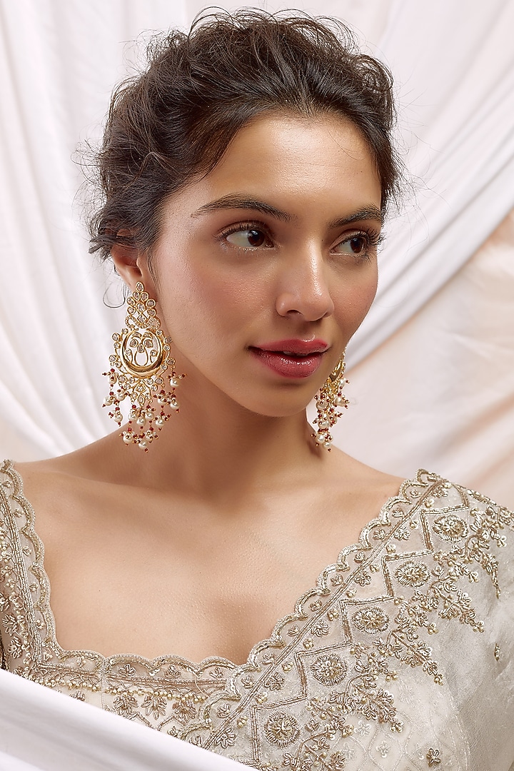 Gold Finish Kundan Polki & Red Beaded Chandbali Earrings by VASTRAA Jewellery at Pernia's Pop Up Shop