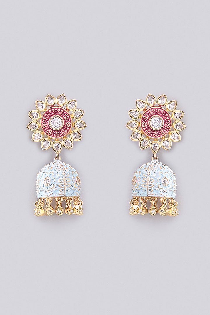 Gold Finish Kundan Polki & Red Stone Jhumka Earrings by VASTRAA Jewellery at Pernia's Pop Up Shop