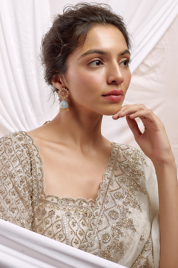 Gold Finish Kundan Polki & Red Stone Jhumka Earrings by VASTRAA Jewellery at Pernia's Pop Up Shop