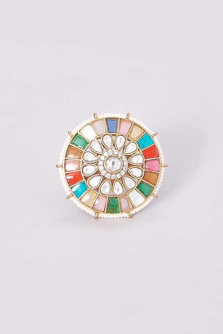Gold Finish Kundan Polki & Multi-Colored Synthetic Stone Ring by VASTRAA Jewellery at Pernia's Pop Up Shop